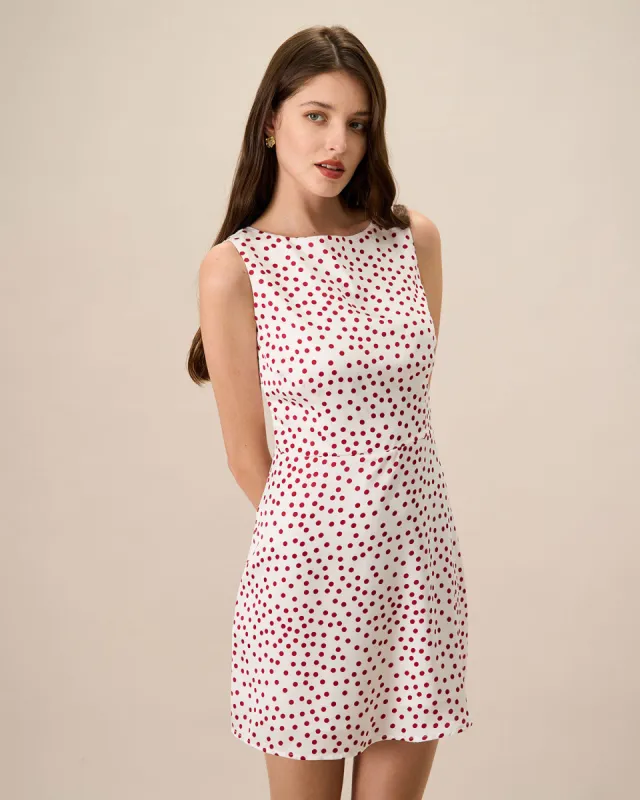 Women's White Boat Neck Polka Dot Mini Dress made by rihoas