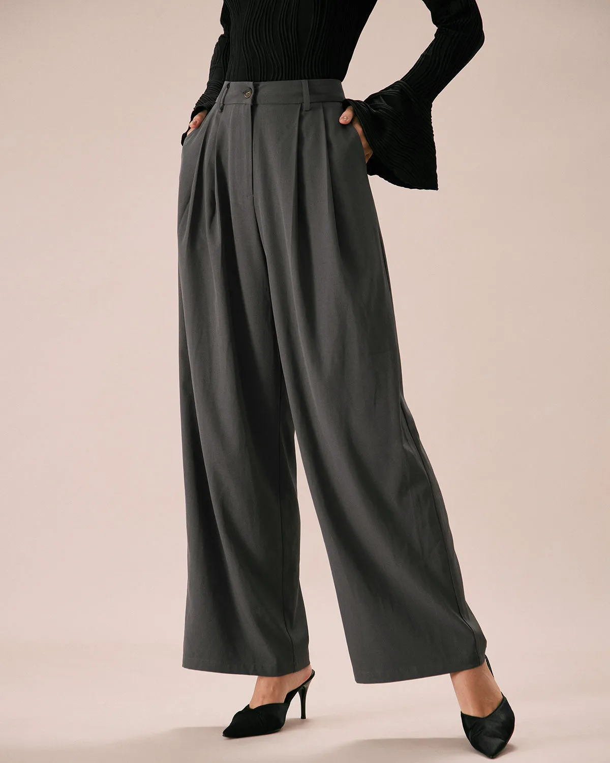 The Grey Pleated Button Fly Straight Pants sold by rihoas product image thumbnail 2