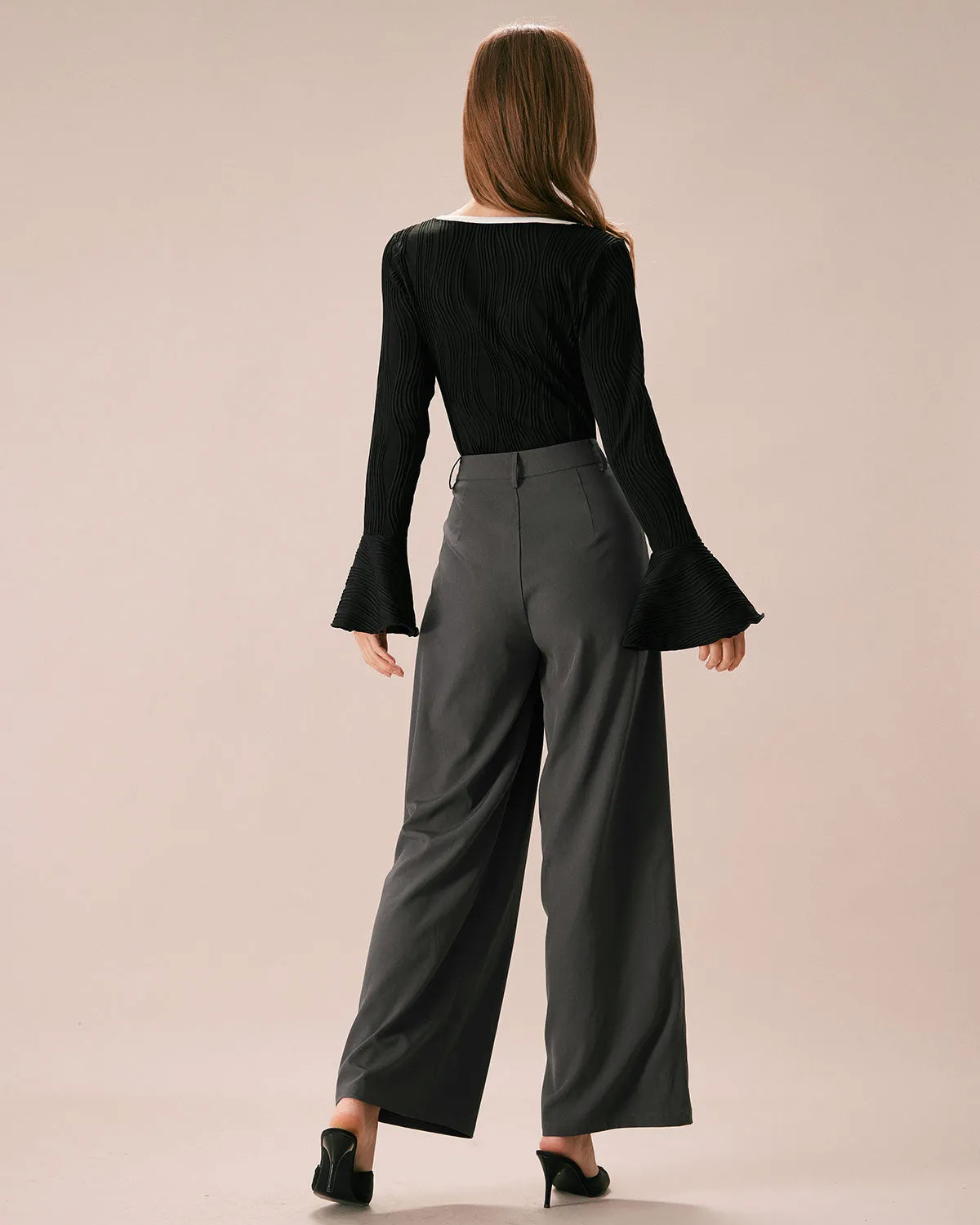 The Grey Pleated Button Fly Straight Pants sold by rihoas product image thumbnail 5