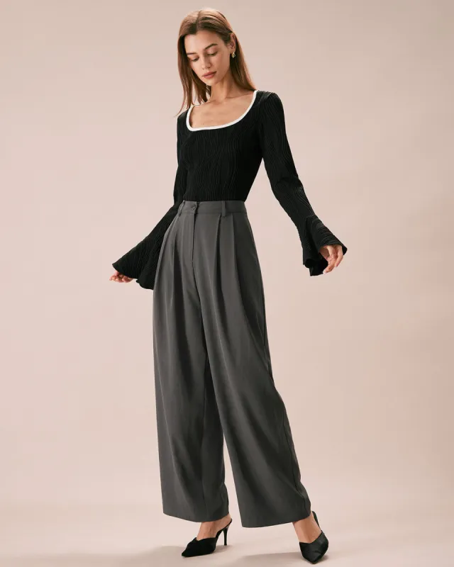 The Grey Pleated Button Fly Straight Pants sold by rihoas