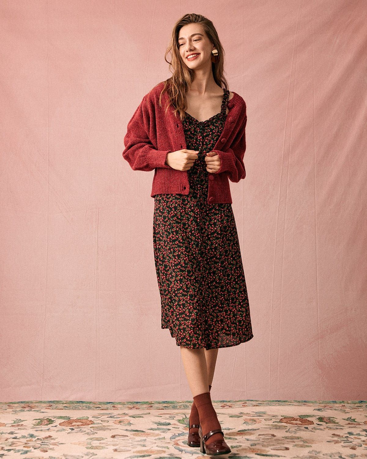 The Red Round Neck Lantern Sleeve Cardigan sold by rihoas product image thumbnail 5