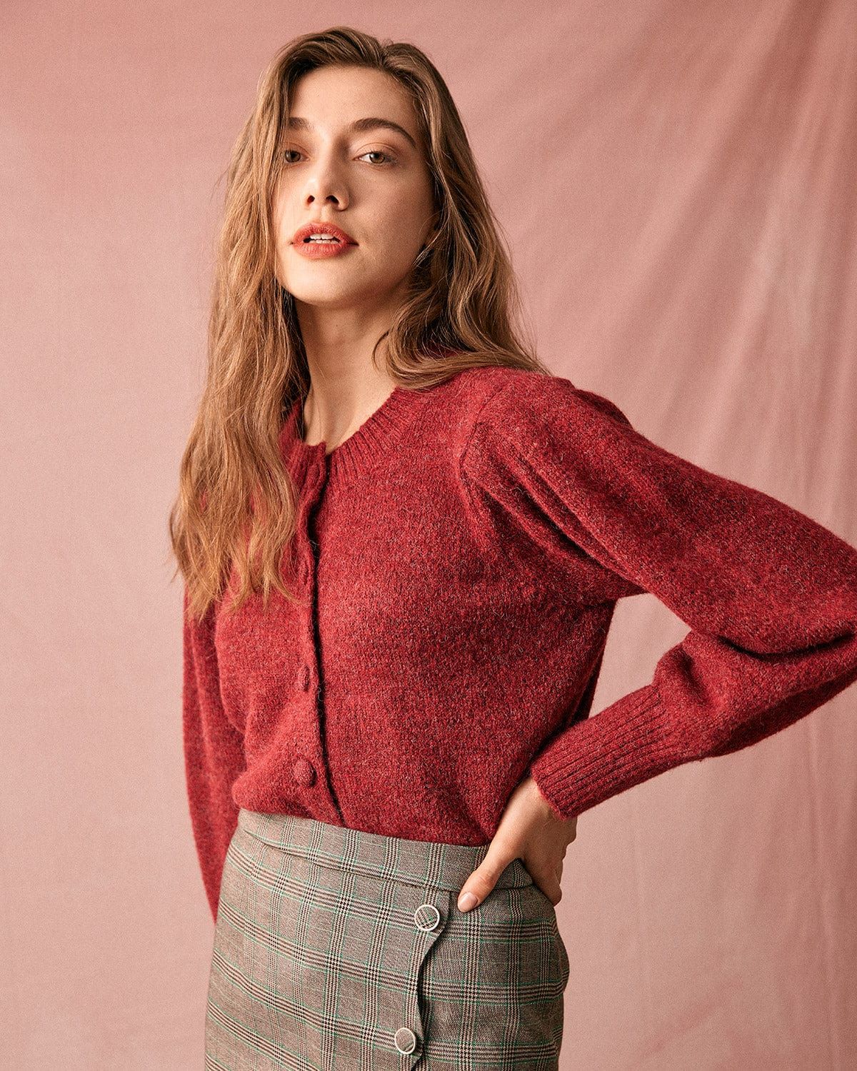 The Red Round Neck Lantern Sleeve Cardigan sold by rihoas product image thumbnail 2