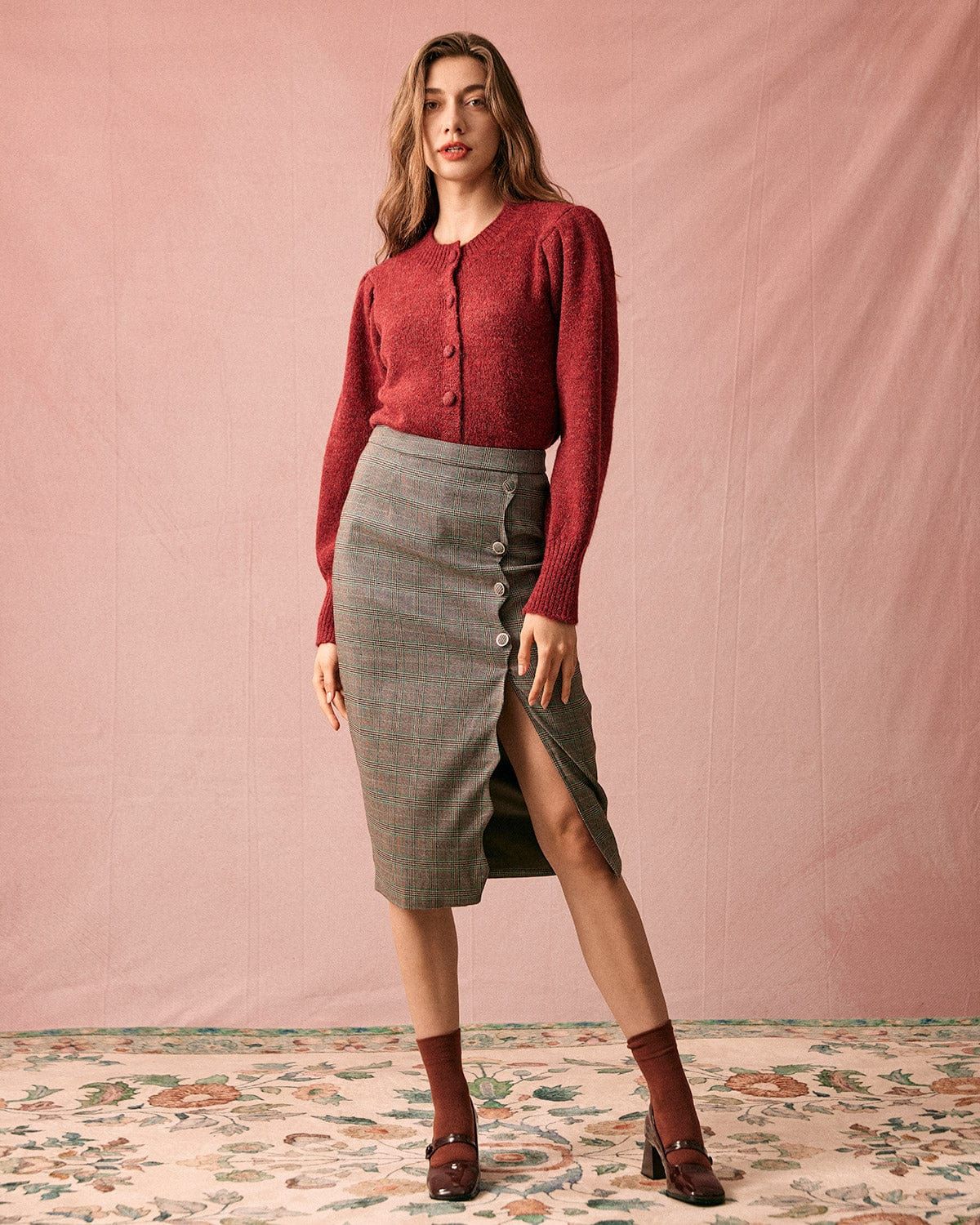 The Red Round Neck Lantern Sleeve Cardigan sold by rihoas product image thumbnail 4