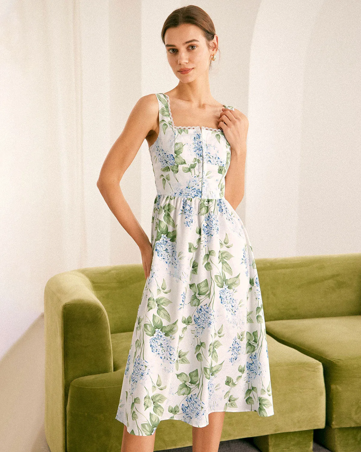 The White Square Neck Floral A-Line Midi Dress sold by rihoas