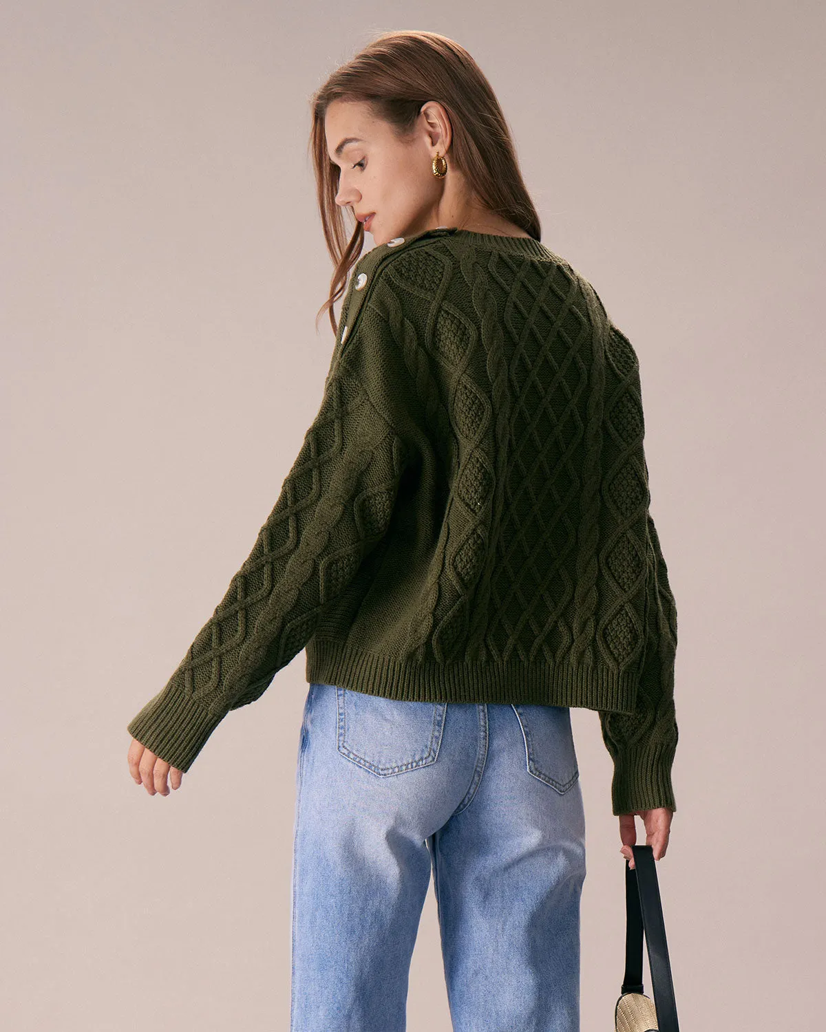 The Green Round Neck Button Shoulder Sweater sold by rihoas product image thumbnail 5