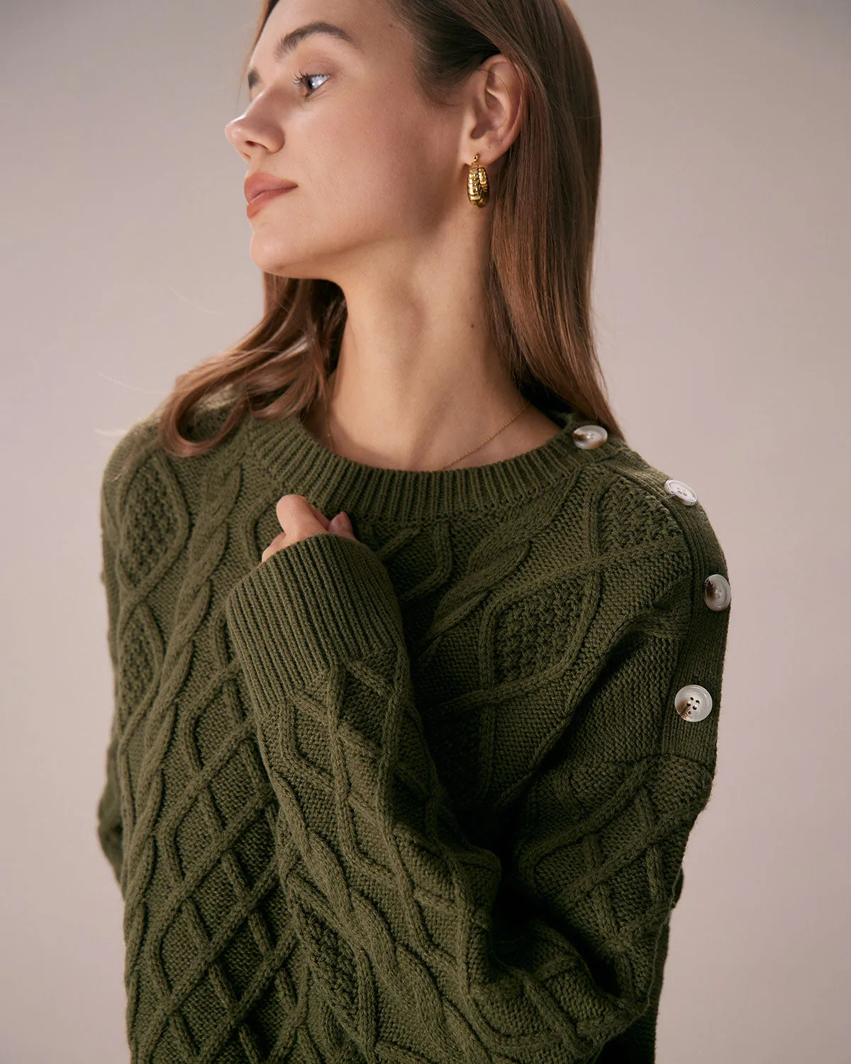 The Green Round Neck Button Shoulder Sweater sold by rihoas product image thumbnail 2