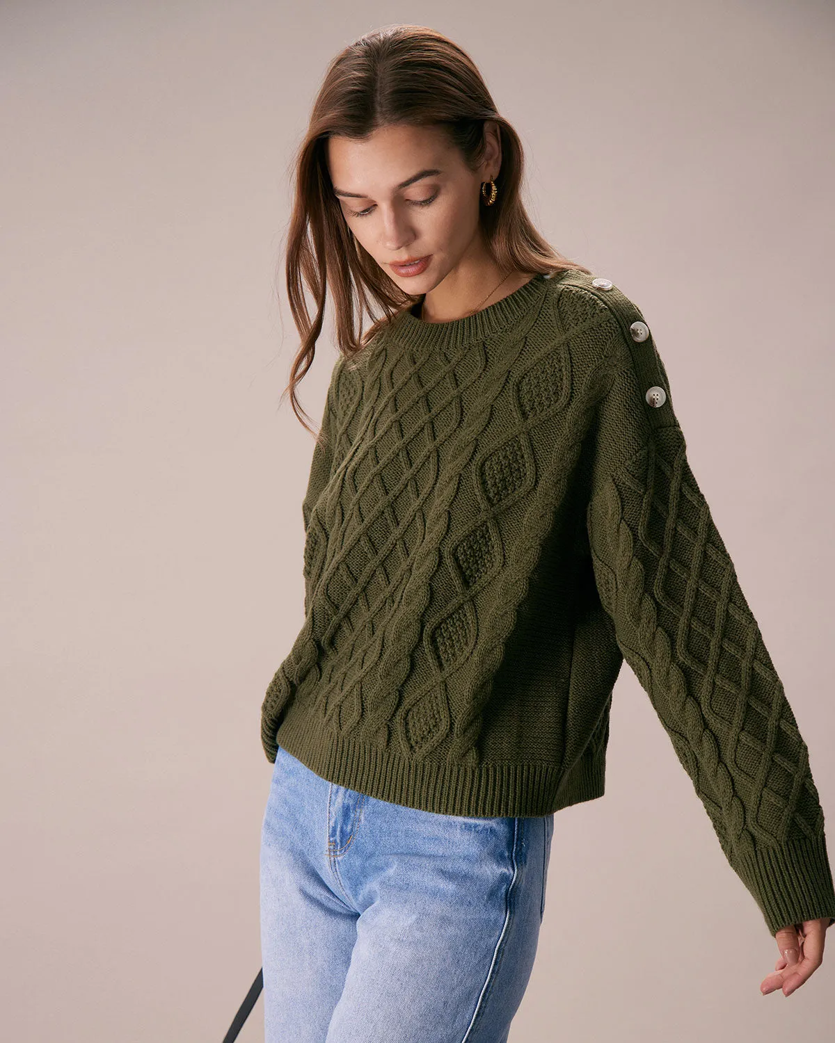 The Green Round Neck Button Shoulder Sweater sold by rihoas