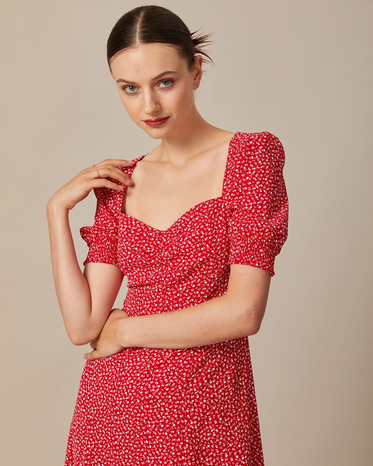 The Red Sweetheart Neck Floral Midi Dress sold by rihoas product image thumbnail 5