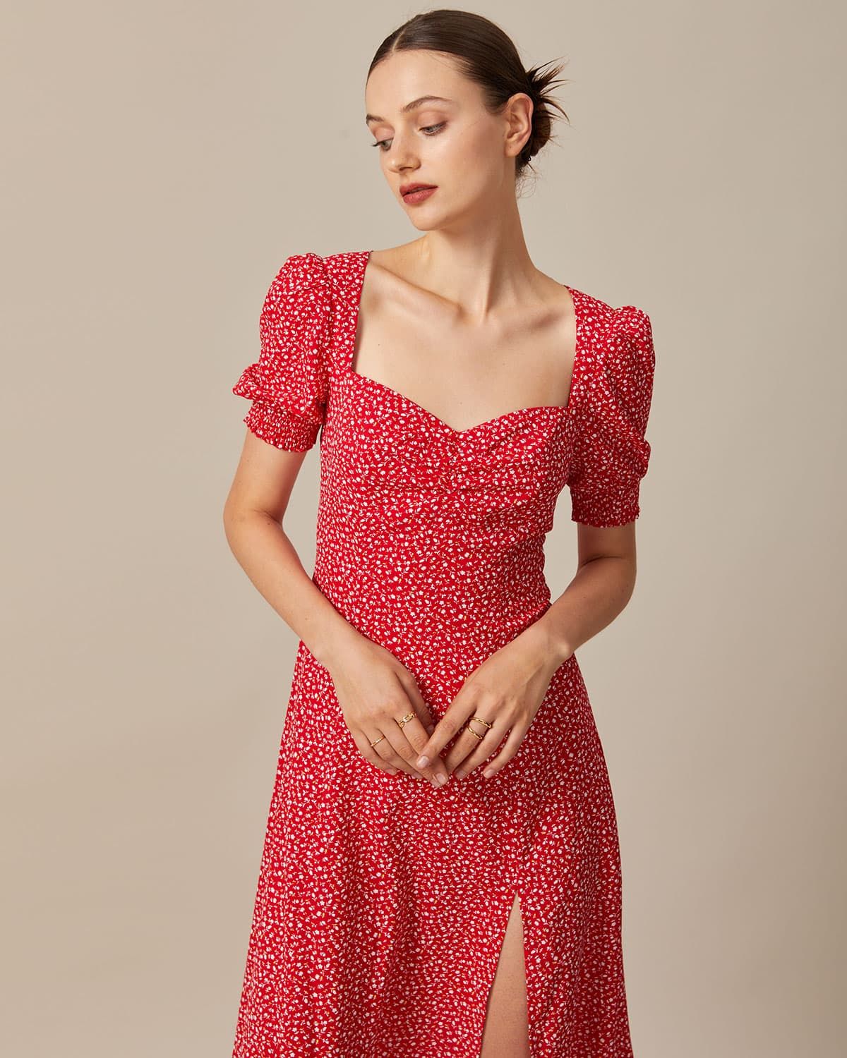 The Red Sweetheart Neck Floral Midi Dress sold by rihoas product image thumbnail 4