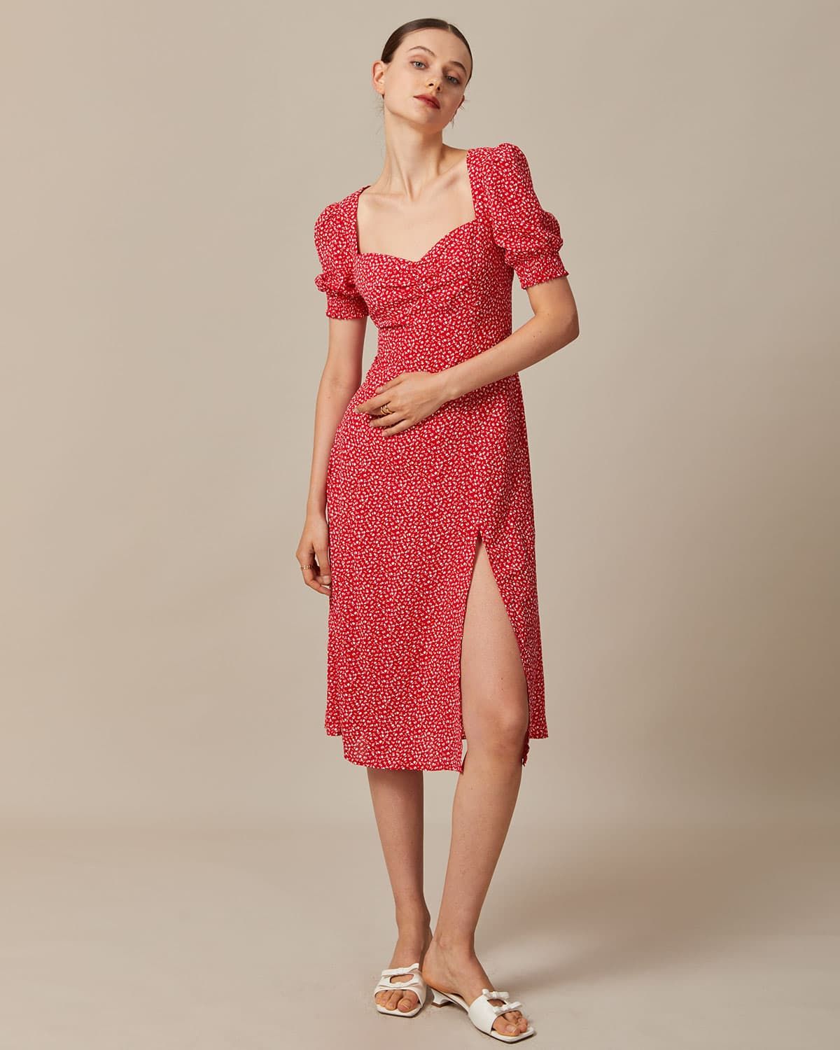 The Red Sweetheart Neck Floral Midi Dress sold by rihoas product image thumbnail 3