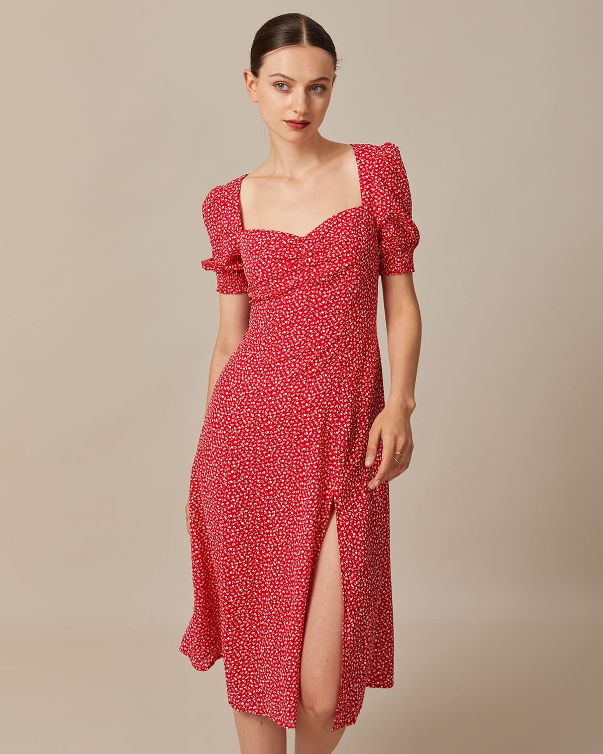 The Red Sweetheart Neck Floral Midi Dress sold by rihoas