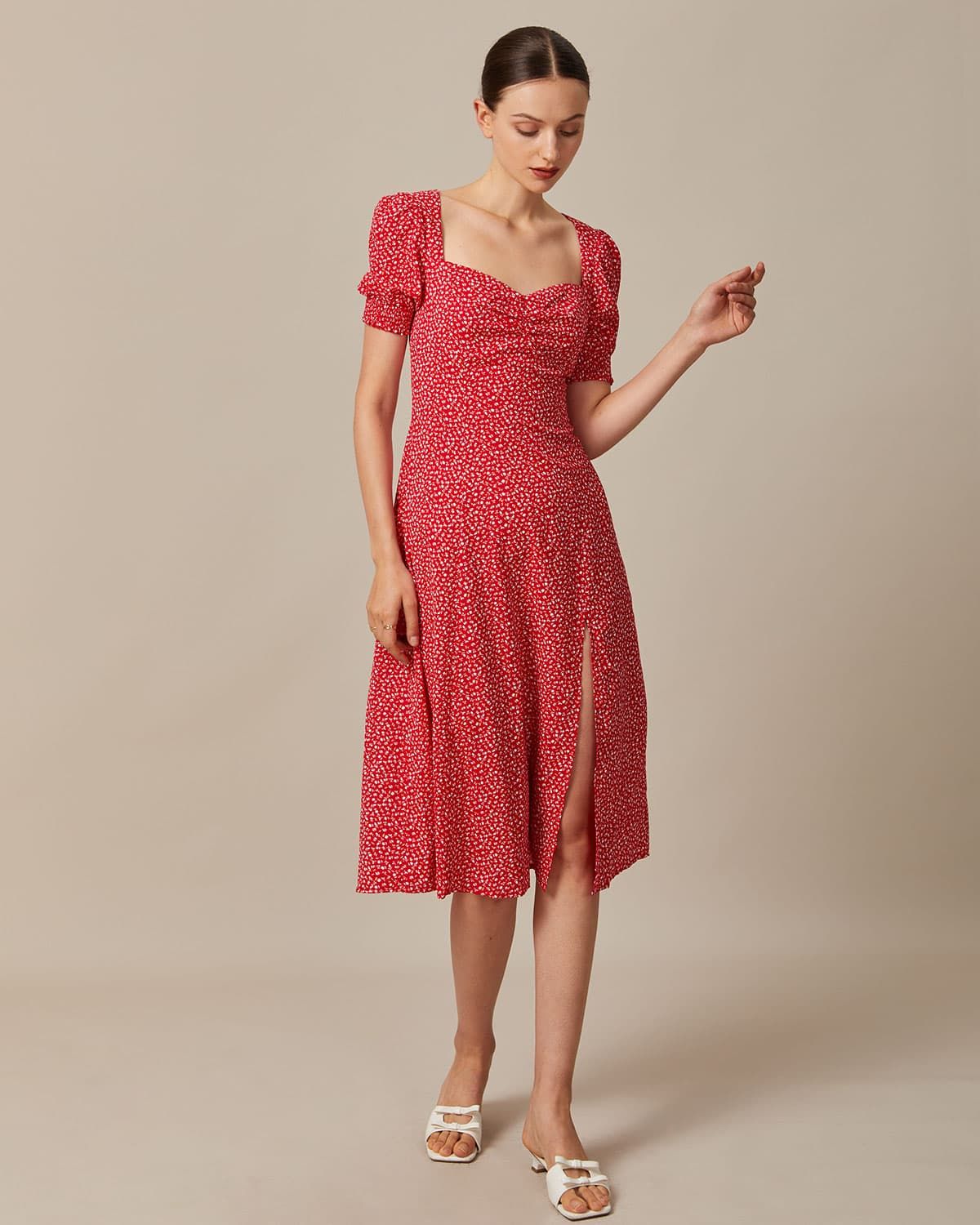 The Red Sweetheart Neck Floral Midi Dress sold by rihoas product image thumbnail 2