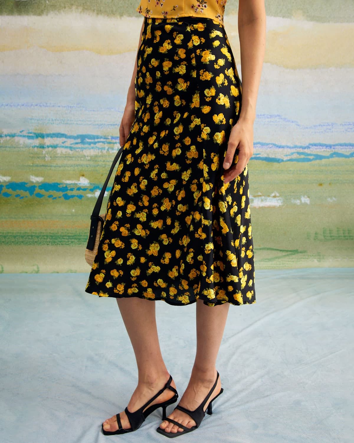 The Black High Waisted Floral Satin Midi Skirt sold by rihoas product image thumbnail 4