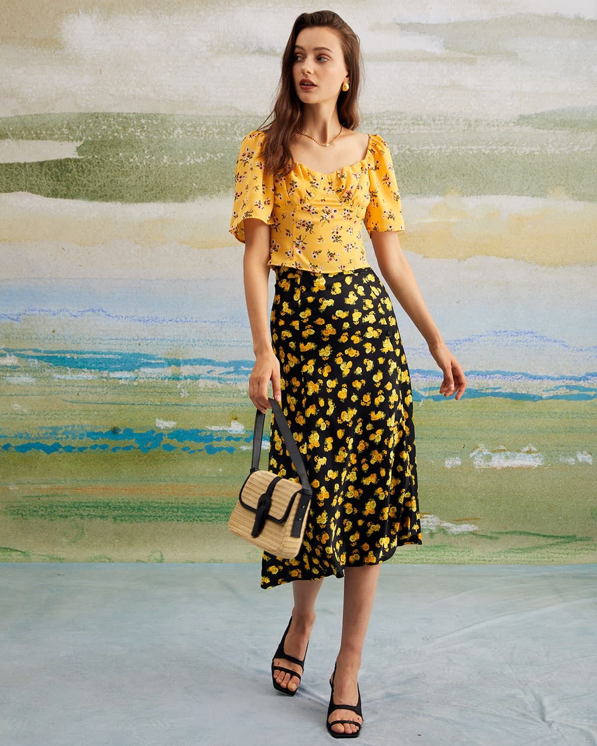 The Black High Waisted Floral Satin Midi Skirt sold by rihoas product image thumbnail 2