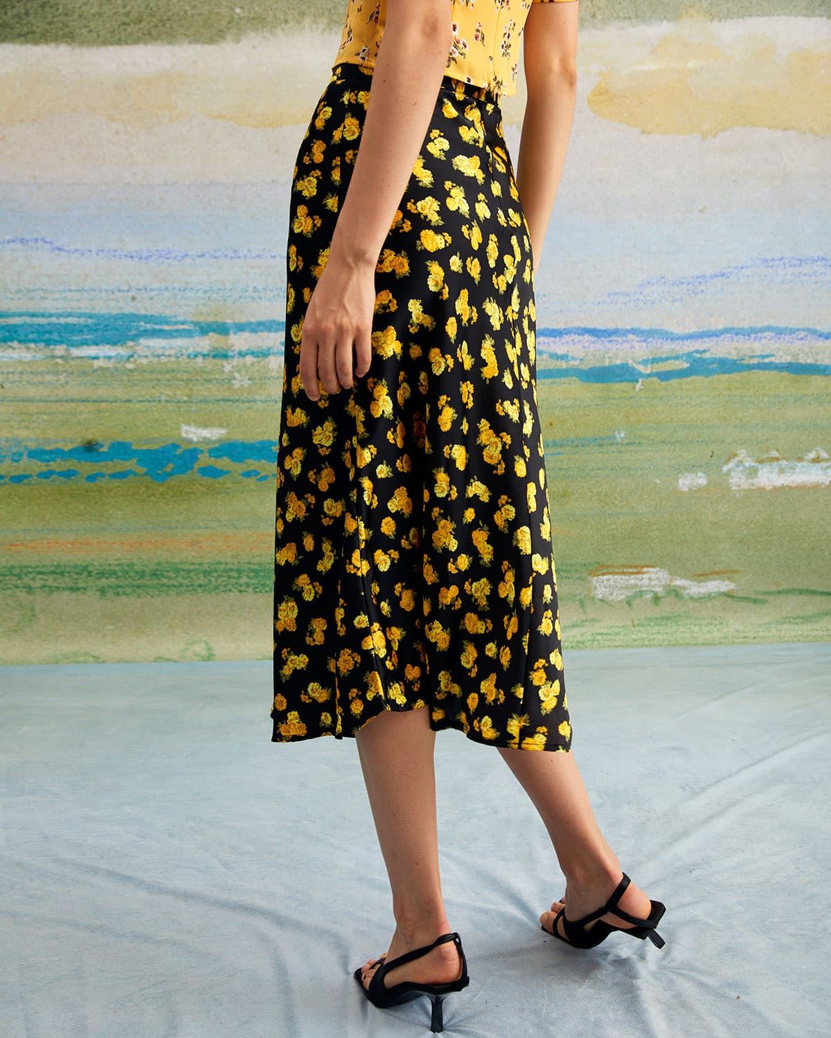 The Black High Waisted Floral Satin Midi Skirt sold by rihoas product image thumbnail 5