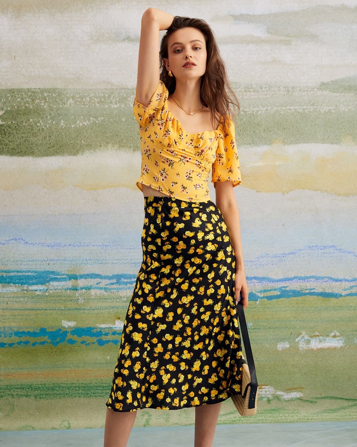 The Black High Waisted Floral Satin Midi Skirt sold by rihoas product image thumbnail 3