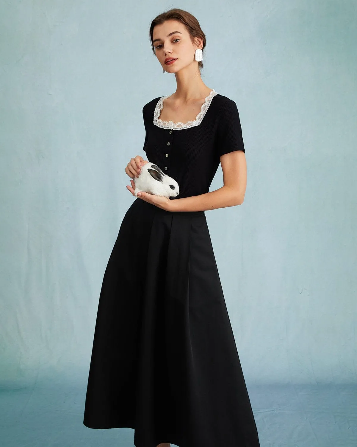 The Black Square Neck Ribbed Lace Trim Knit Tee sold by rihoas product image thumbnail 4