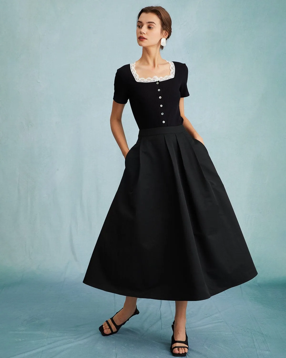 The Black Square Neck Ribbed Lace Trim Knit Tee sold by rihoas product image thumbnail 2