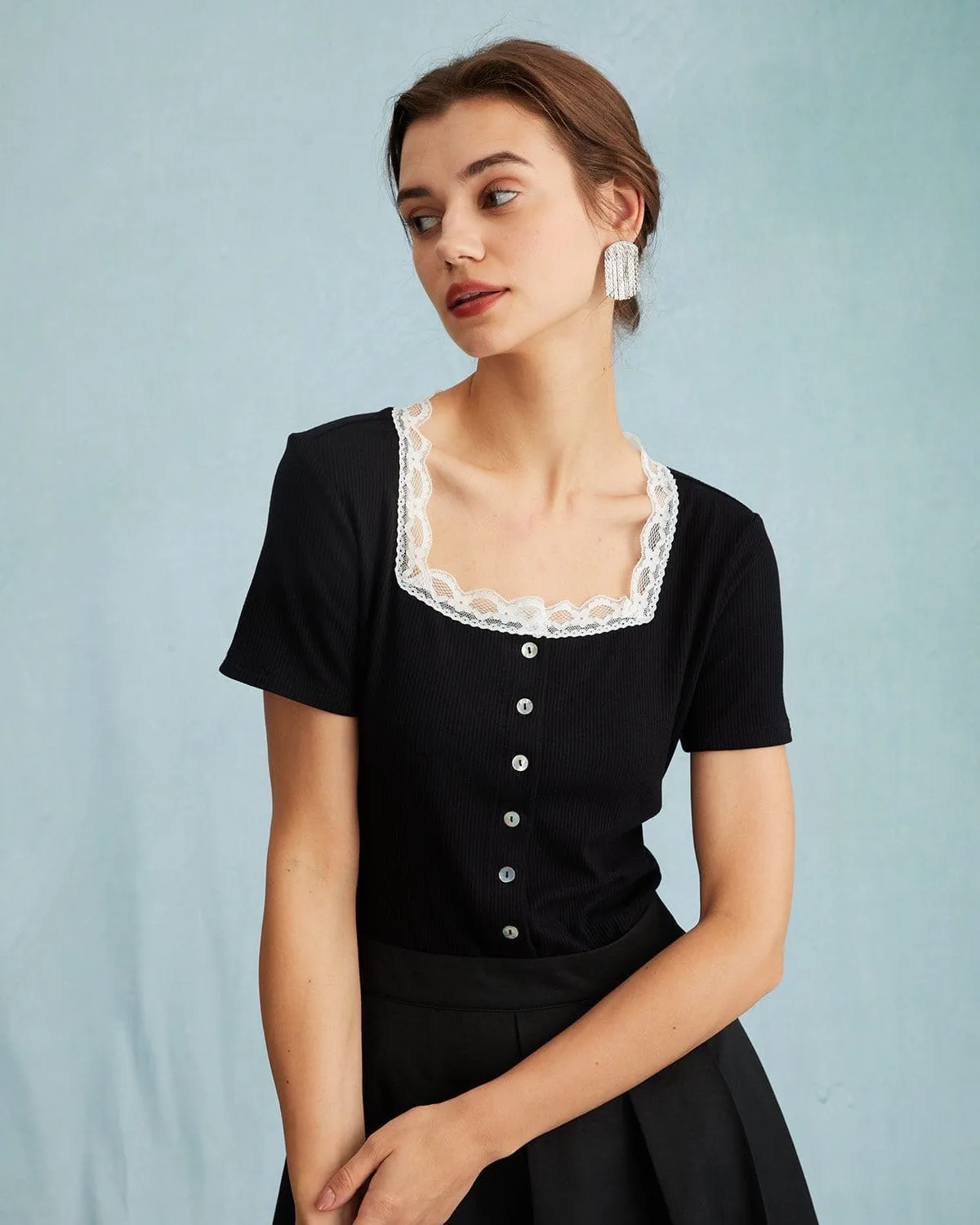 The Black Square Neck Ribbed Lace Trim Knit Tee sold by rihoas