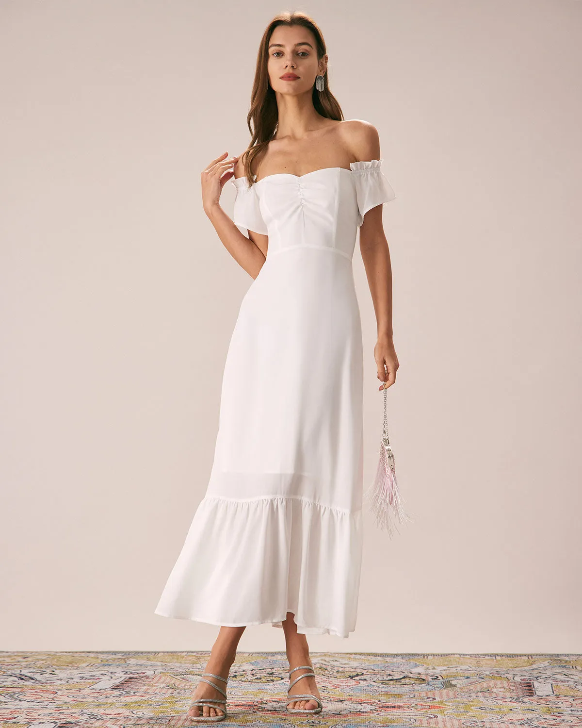 The White Off The Shoulder Ruffle Maxi Dress sold by rihoas