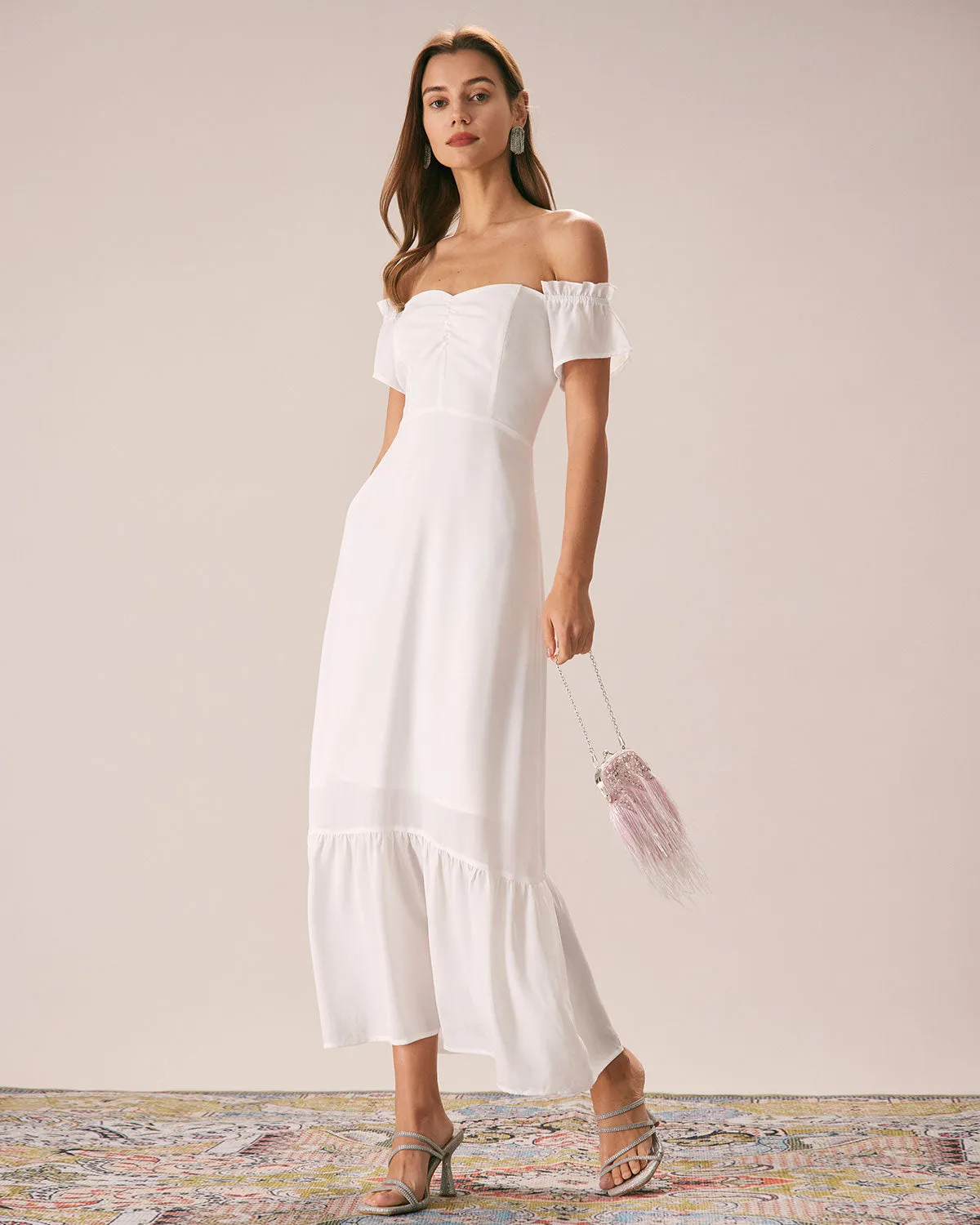 The White Off The Shoulder Ruffle Maxi Dress sold by rihoas product image thumbnail 3
