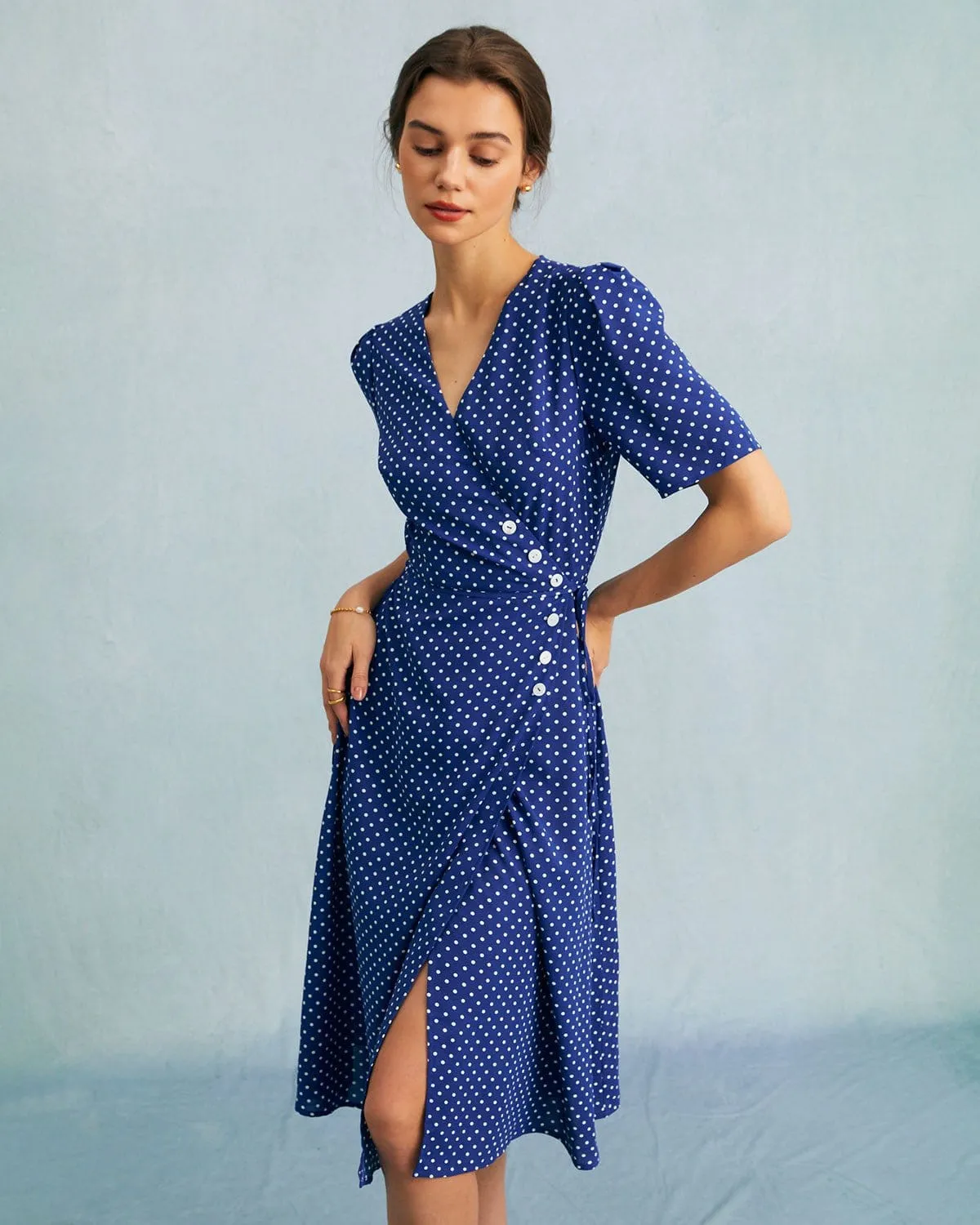 The Blue V Neck Polka Dot Wrap Midi Dress sold by rihoas product image thumbnail 4