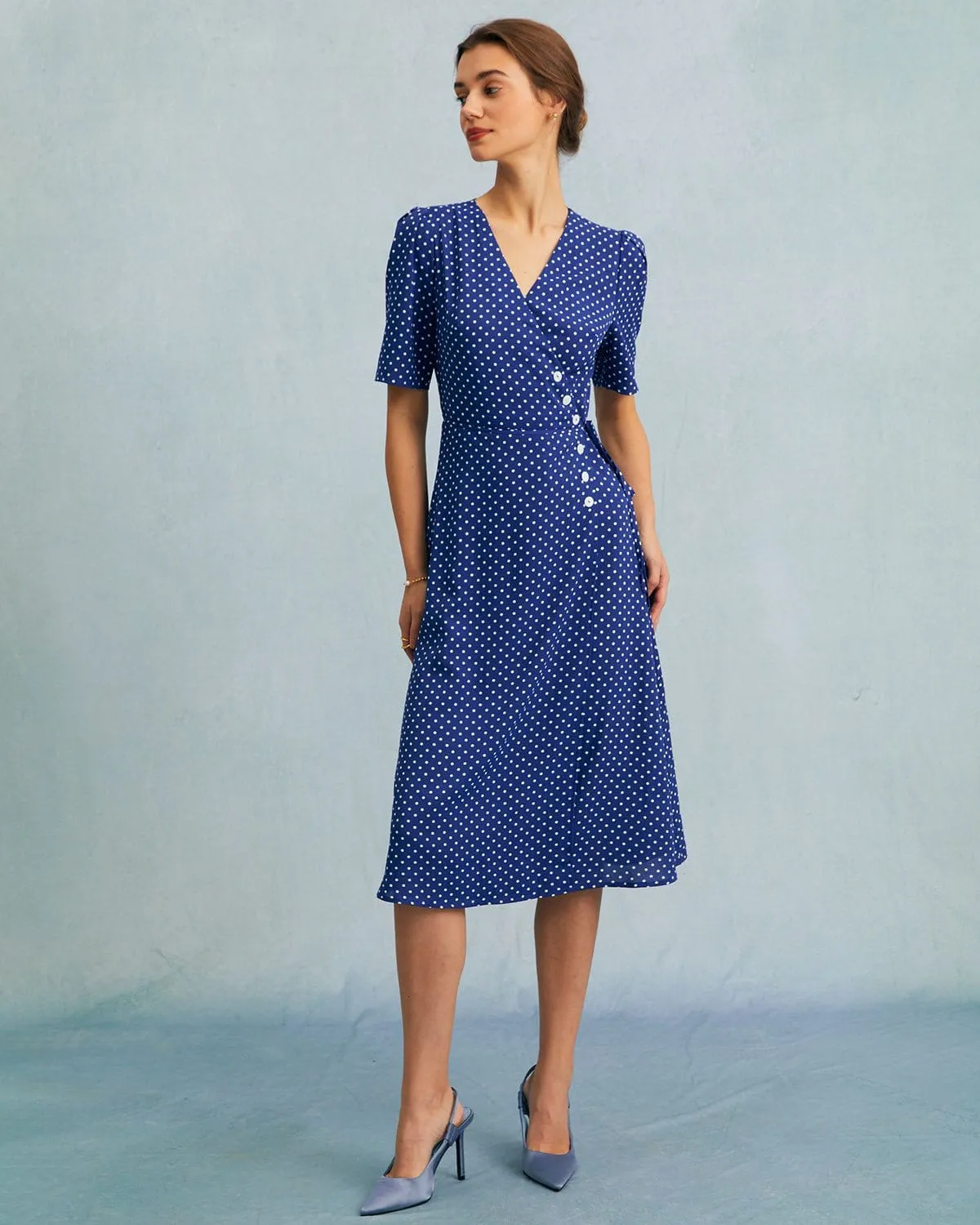 The Blue V Neck Polka Dot Wrap Midi Dress sold by rihoas