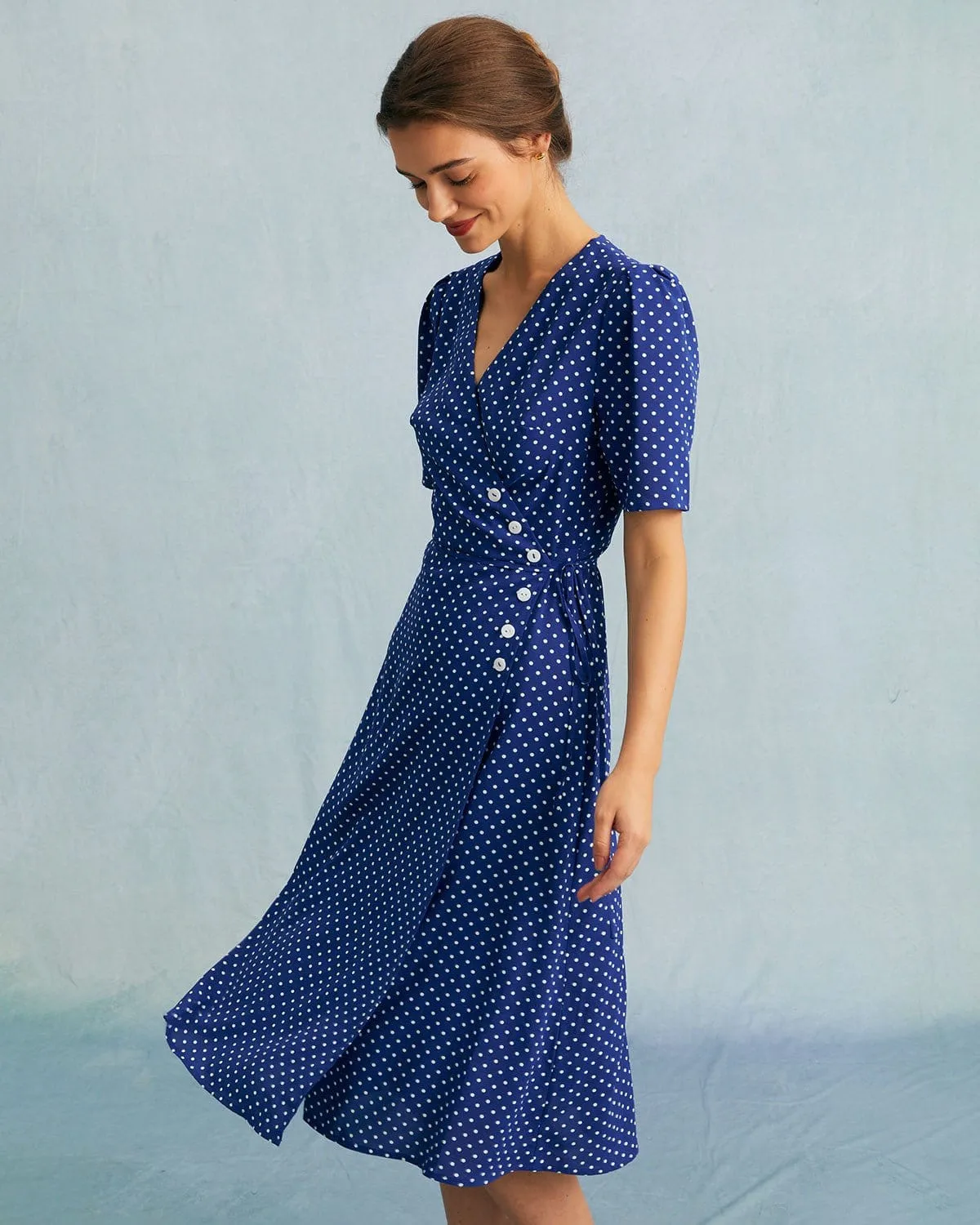 The Blue V Neck Polka Dot Wrap Midi Dress sold by rihoas product image thumbnail 5