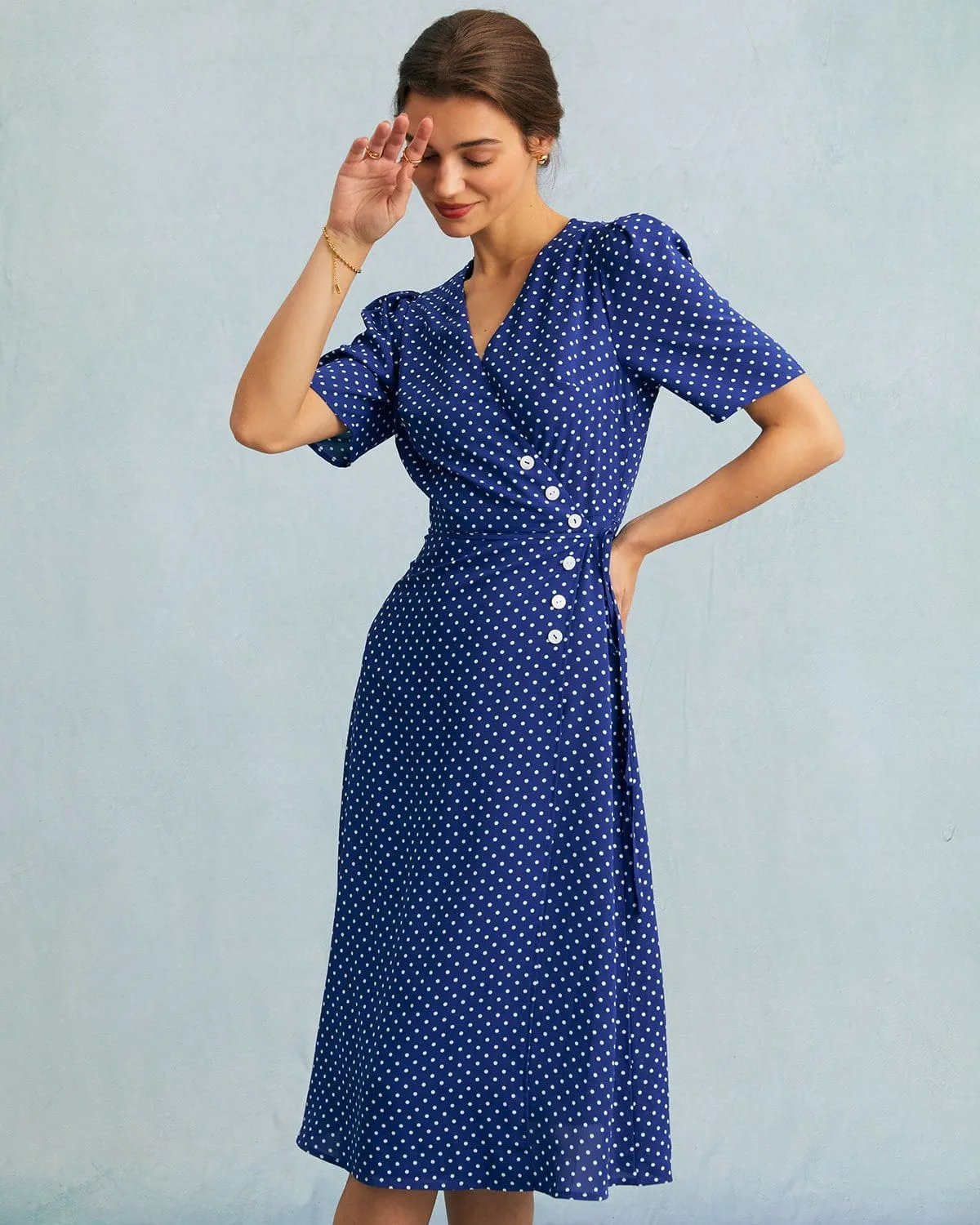 The Blue V Neck Polka Dot Wrap Midi Dress sold by rihoas product image thumbnail 2