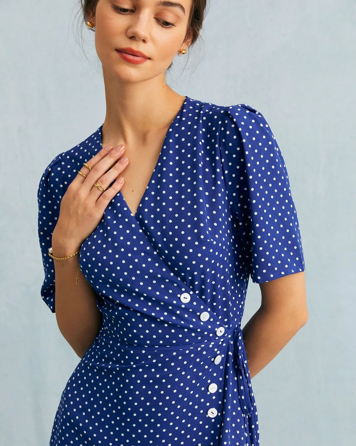 The Blue V Neck Polka Dot Wrap Midi Dress sold by rihoas product image thumbnail 3