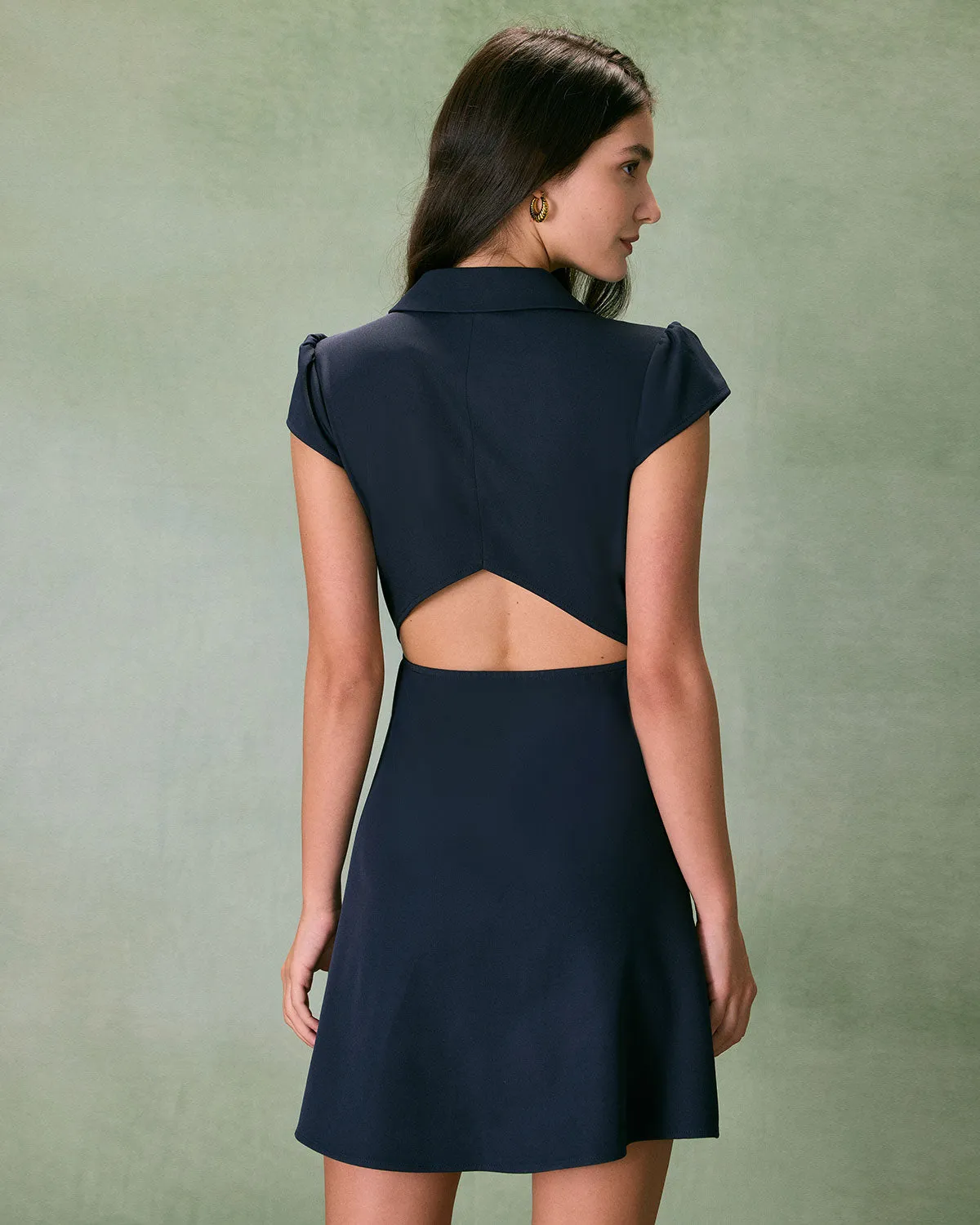 The Navy Lapel Cap Sleeve Button-up Mini Dress sold by rihoas product image thumbnail 2