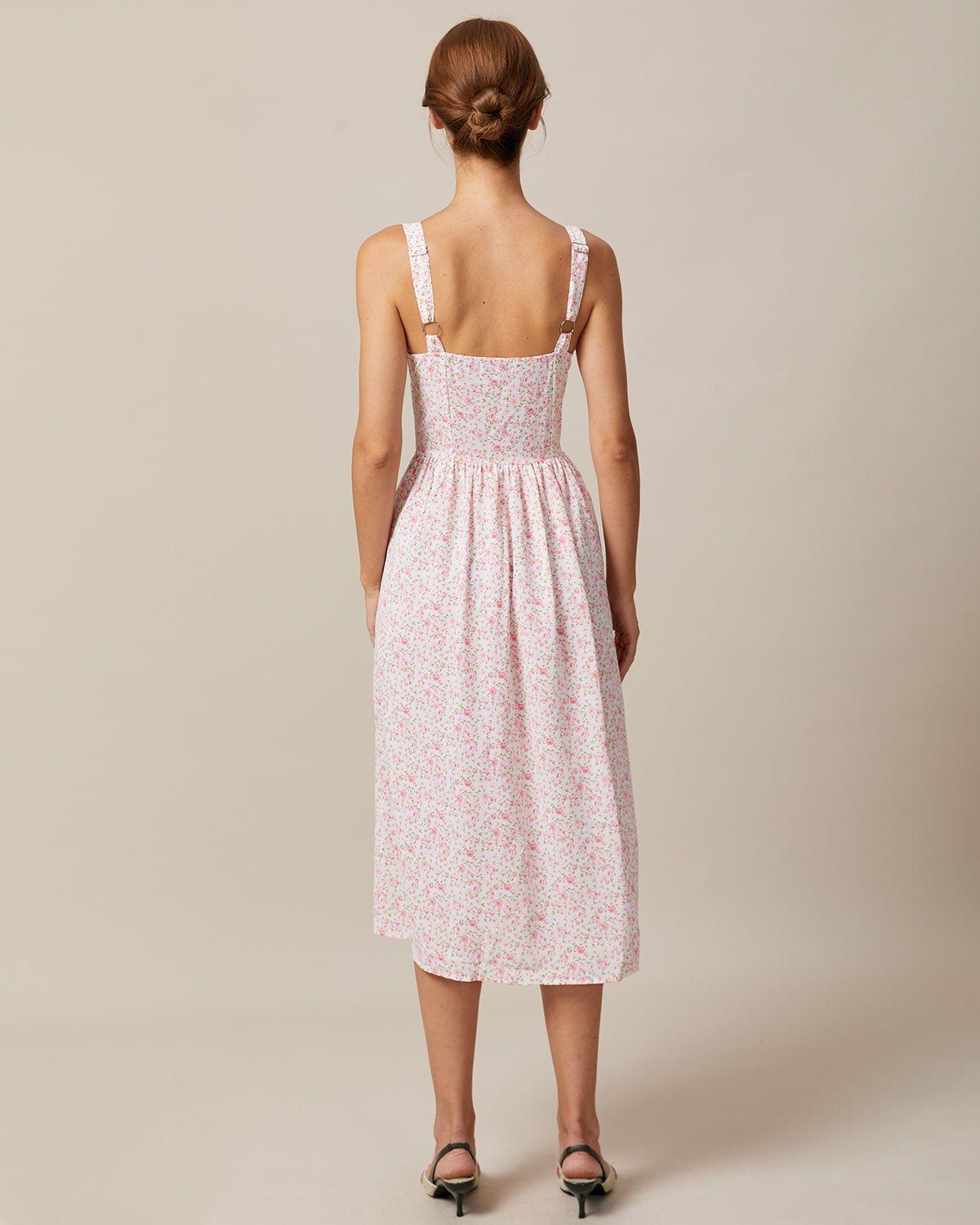The Pink Square Neck Pleated Floral Midi Dress sold by rihoas product image thumbnail 5
