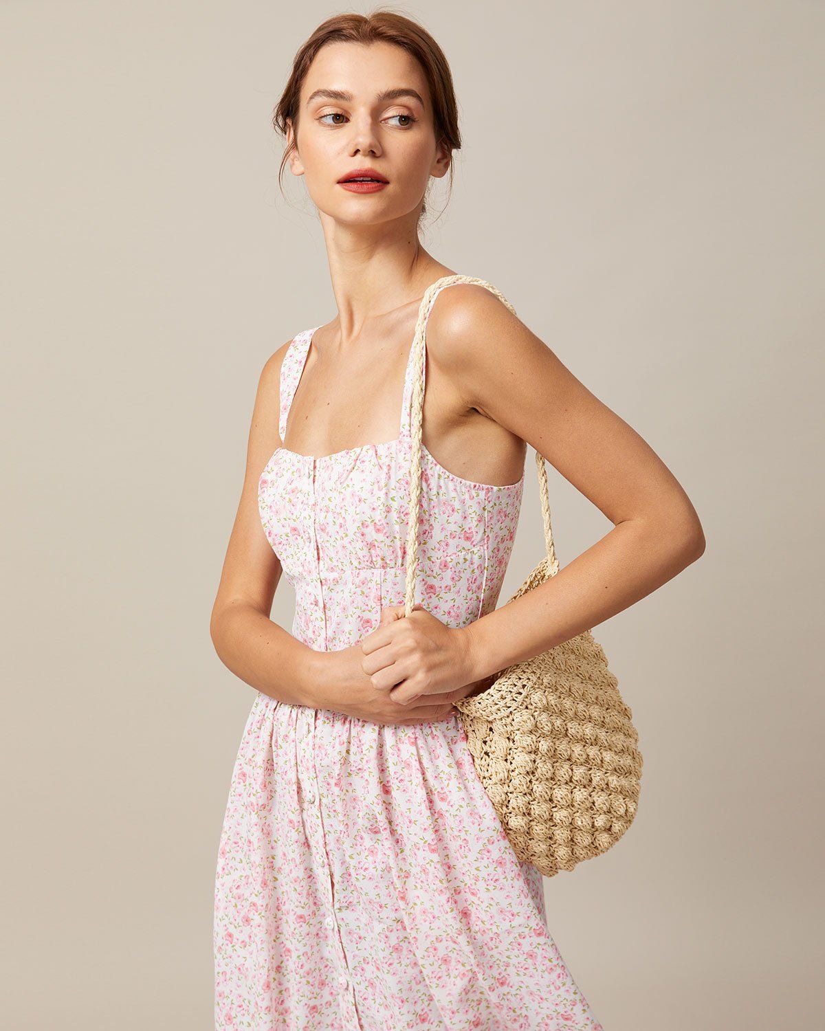 The Pink Square Neck Pleated Floral Midi Dress sold by rihoas product image thumbnail 4