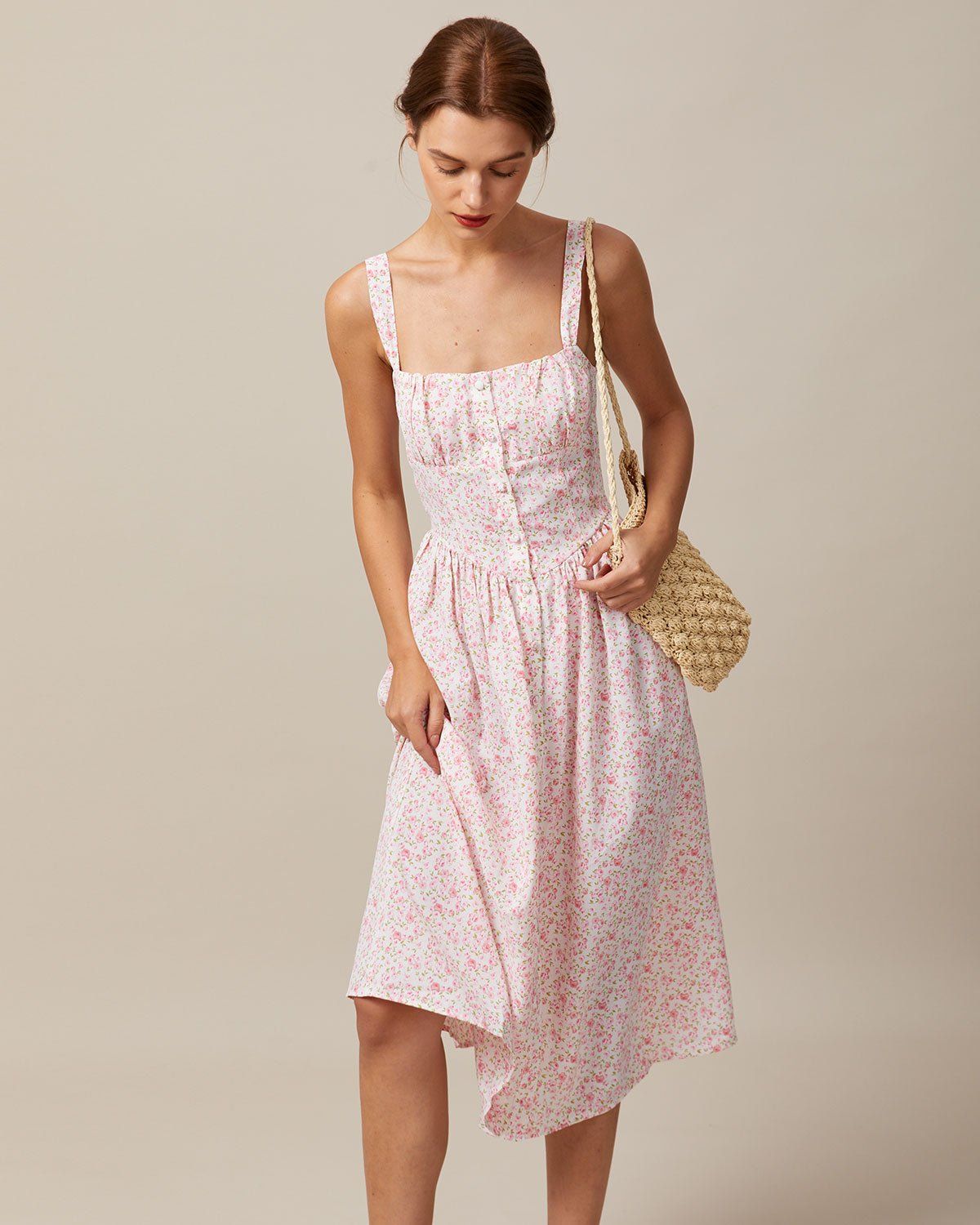 The Pink Square Neck Pleated Floral Midi Dress sold by rihoas product image thumbnail 3