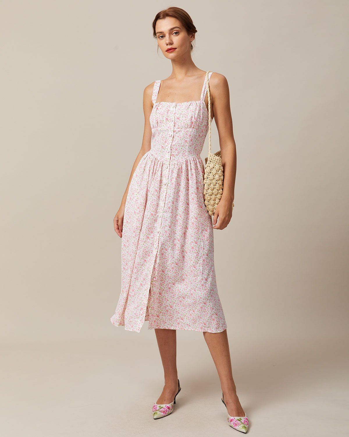 The Pink Square Neck Pleated Floral Midi Dress sold by rihoas product image thumbnail 2