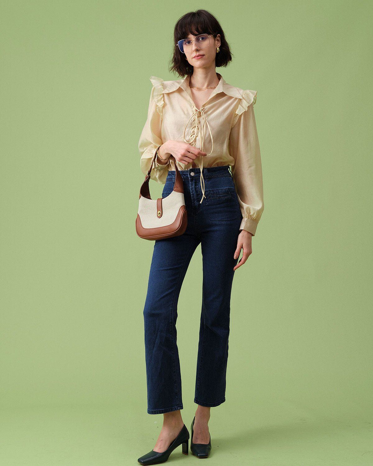 The Beige Lapel Tie Front Long Sleeve Blouse sold by rihoas product image thumbnail 4