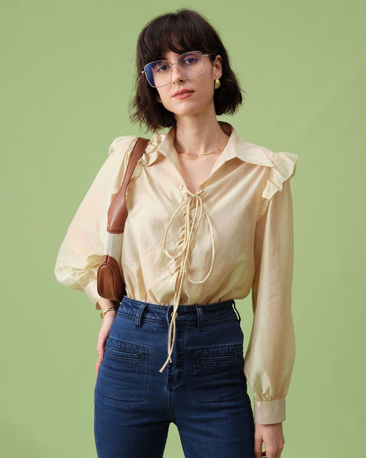 The Beige Lapel Tie Front Long Sleeve Blouse sold by rihoas