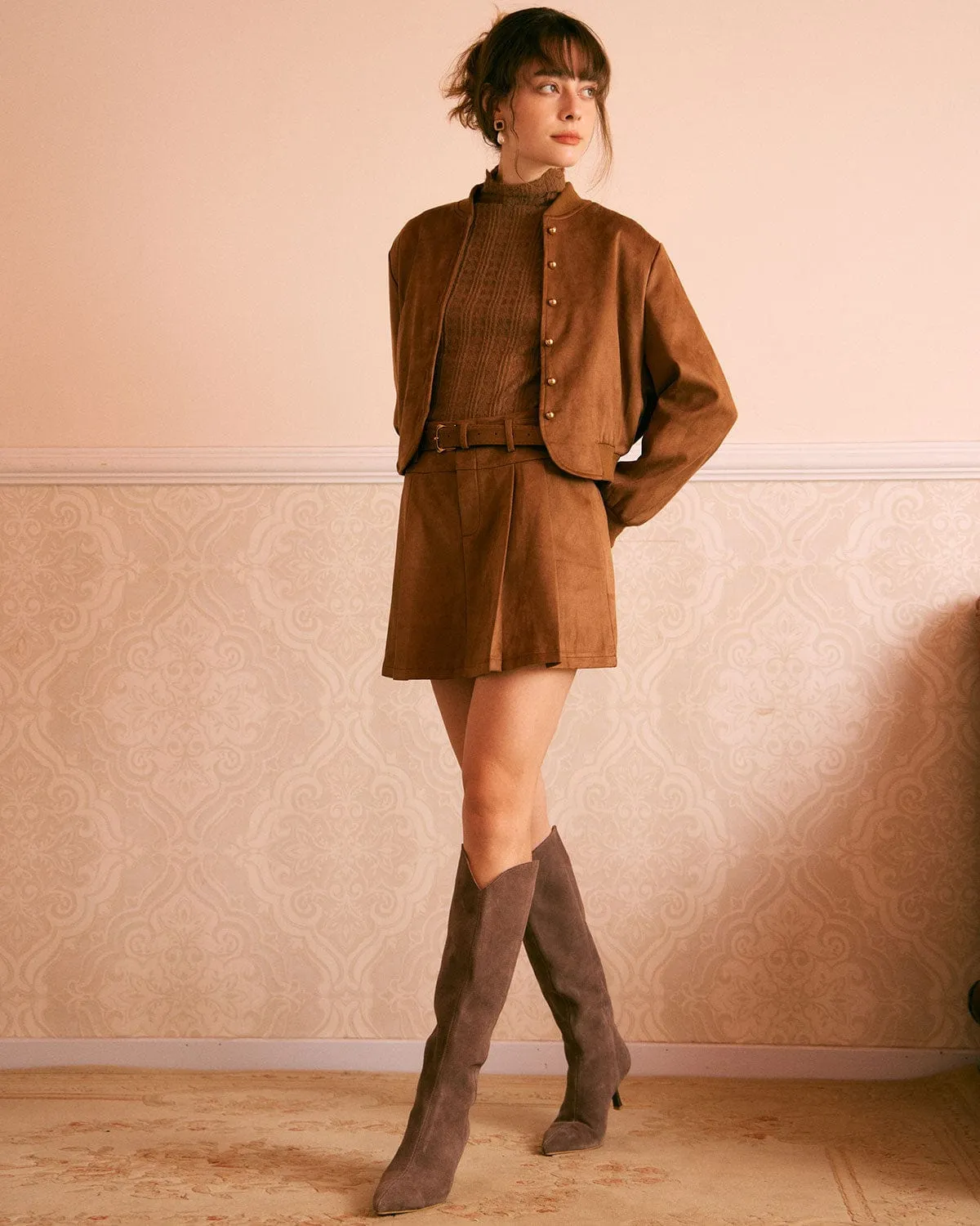 The Brown High Waisted Suede Mini Skirt sold by rihoas product image thumbnail 2