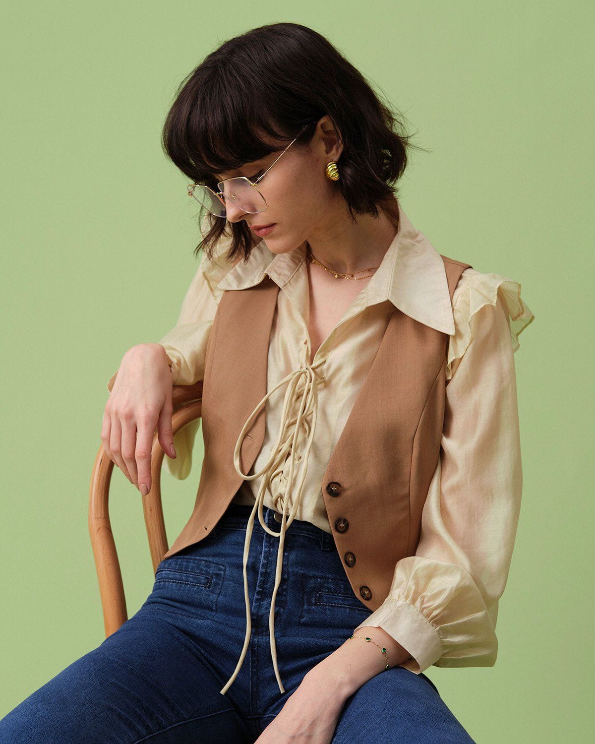 The Beige Lapel Tie Front Long Sleeve Blouse sold by rihoas product image thumbnail 3