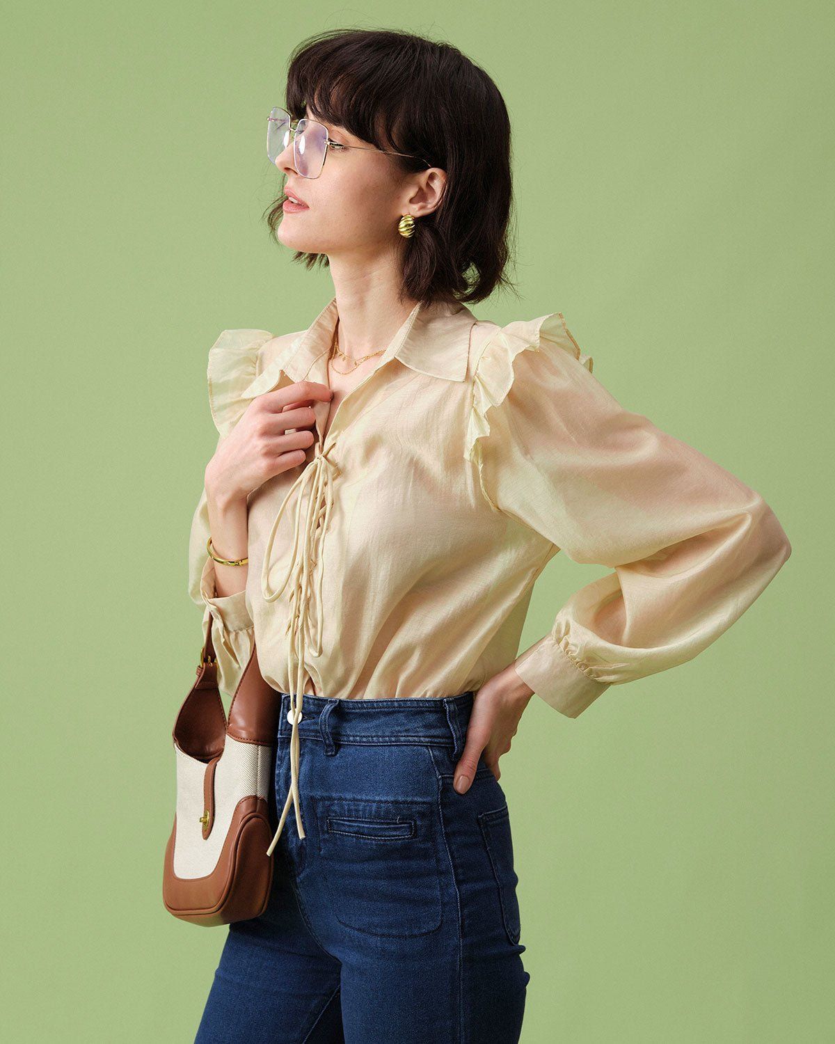 The Beige Lapel Tie Front Long Sleeve Blouse sold by rihoas product image thumbnail 2