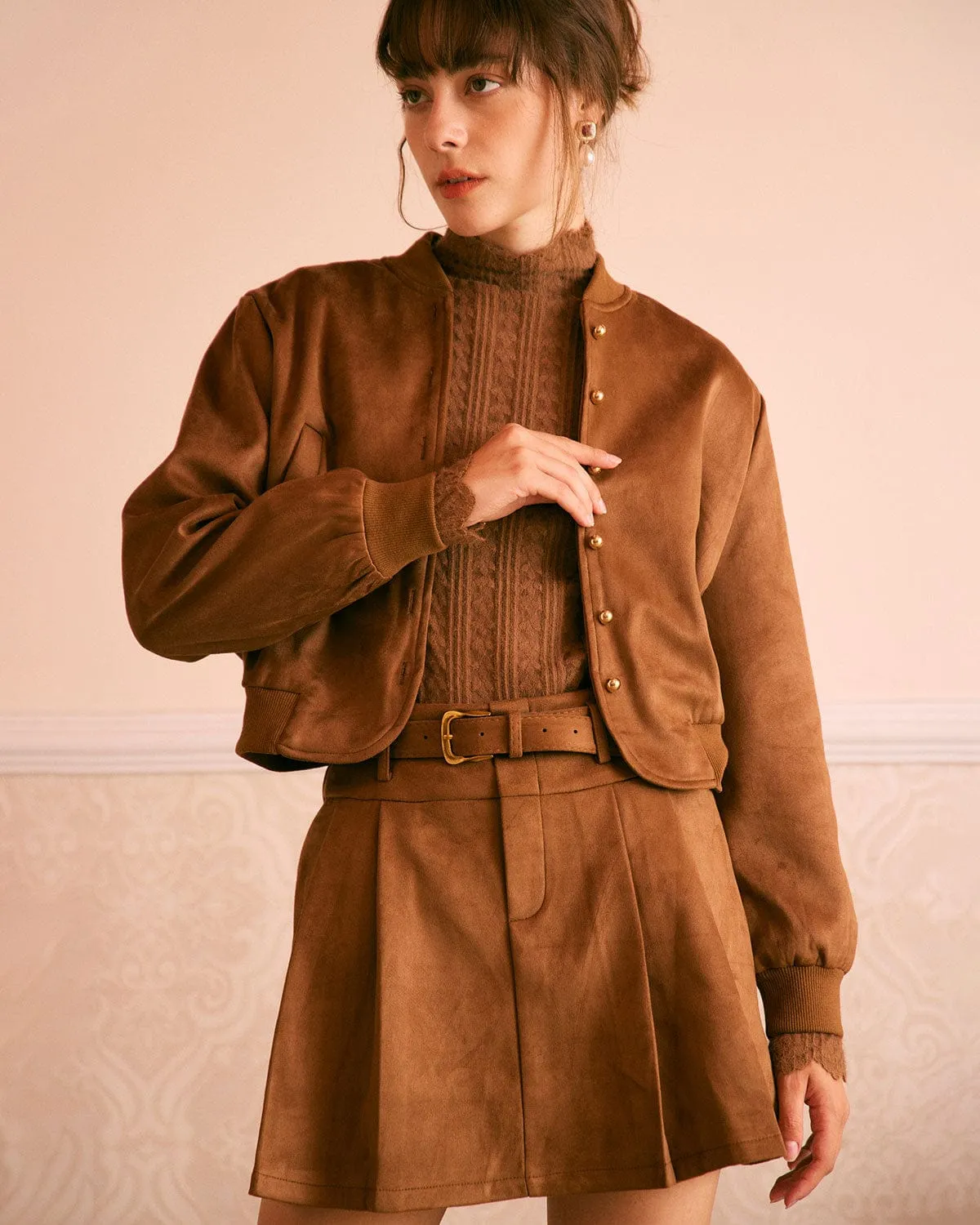 The Brown High Waisted Suede Mini Skirt sold by rihoas product image thumbnail 3