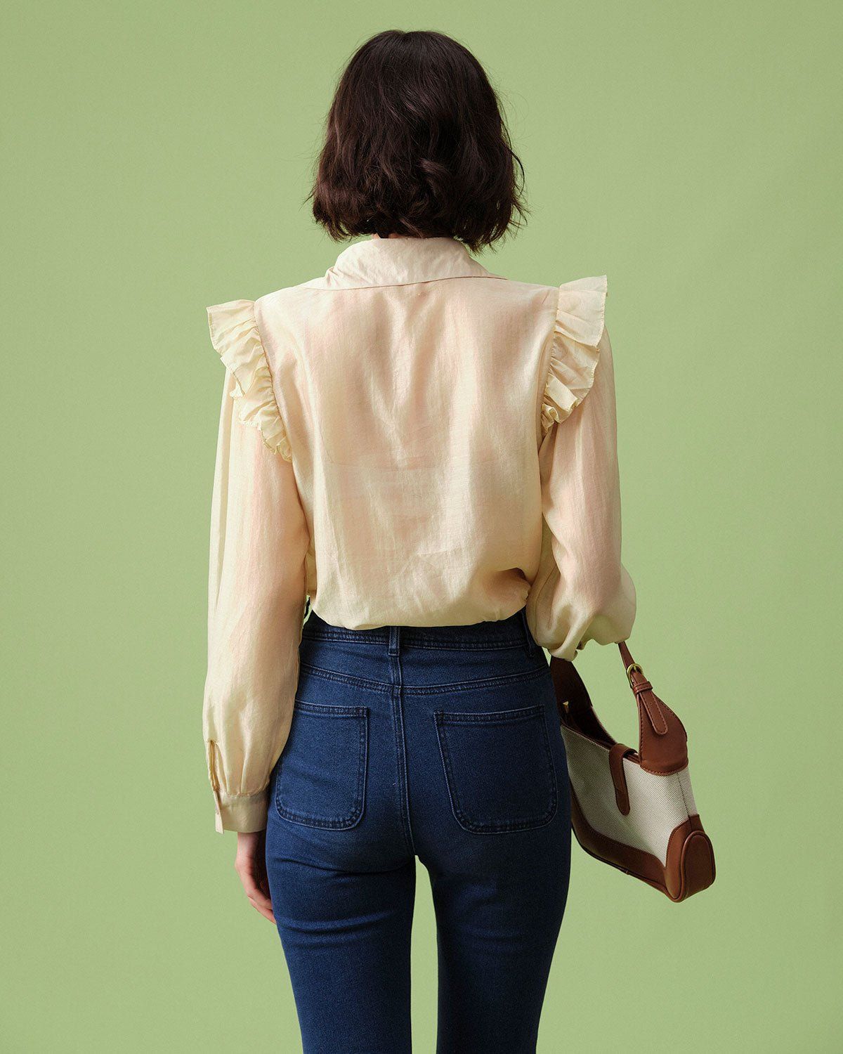 The Beige Lapel Tie Front Long Sleeve Blouse sold by rihoas product image thumbnail 5