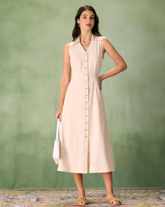 The Beige Collared Sleeveless Shirt Midi Dress sold by rihoas