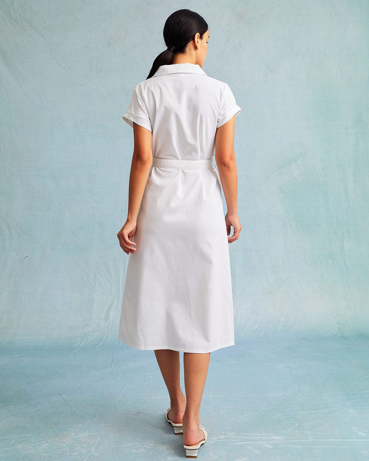 The White V Neck Button Belted Shirt Midi Dress sold by rihoas product image thumbnail 6