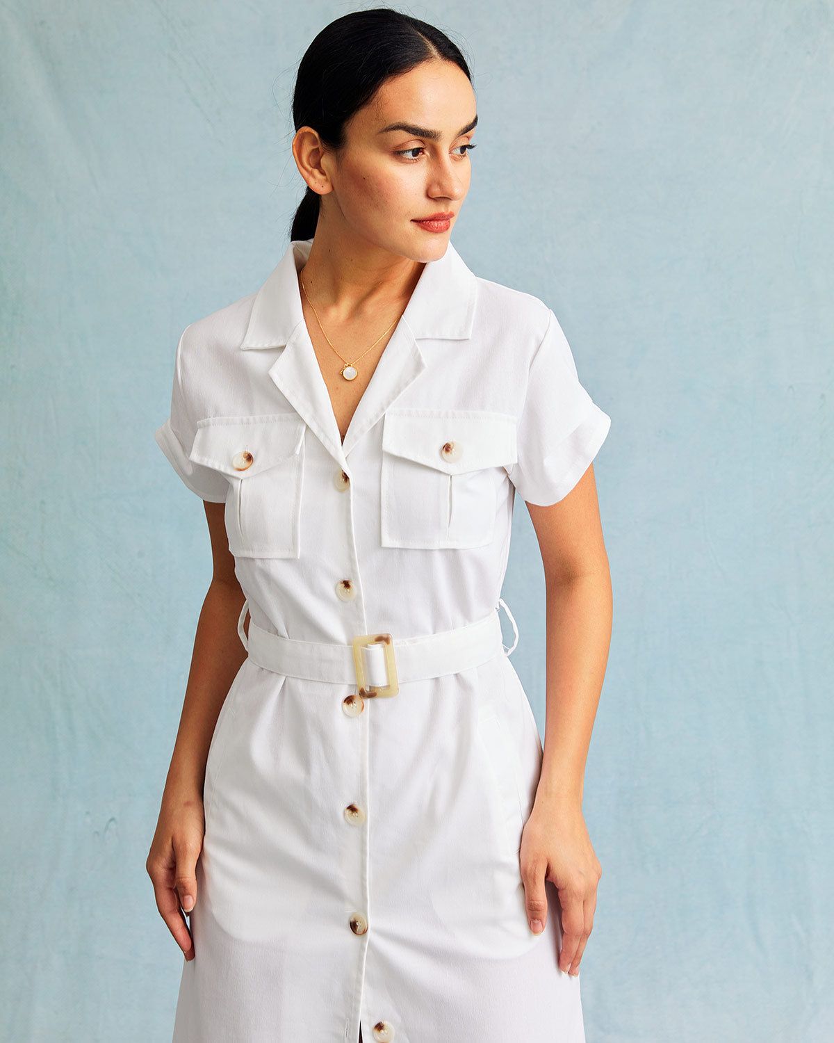 The White V Neck Button Belted Shirt Midi Dress sold by rihoas product image thumbnail 3