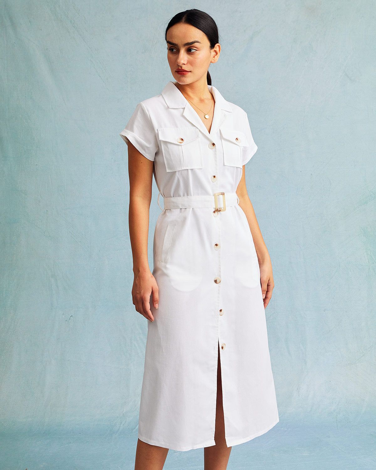 The White V Neck Button Belted Shirt Midi Dress sold by rihoas product image thumbnail 5