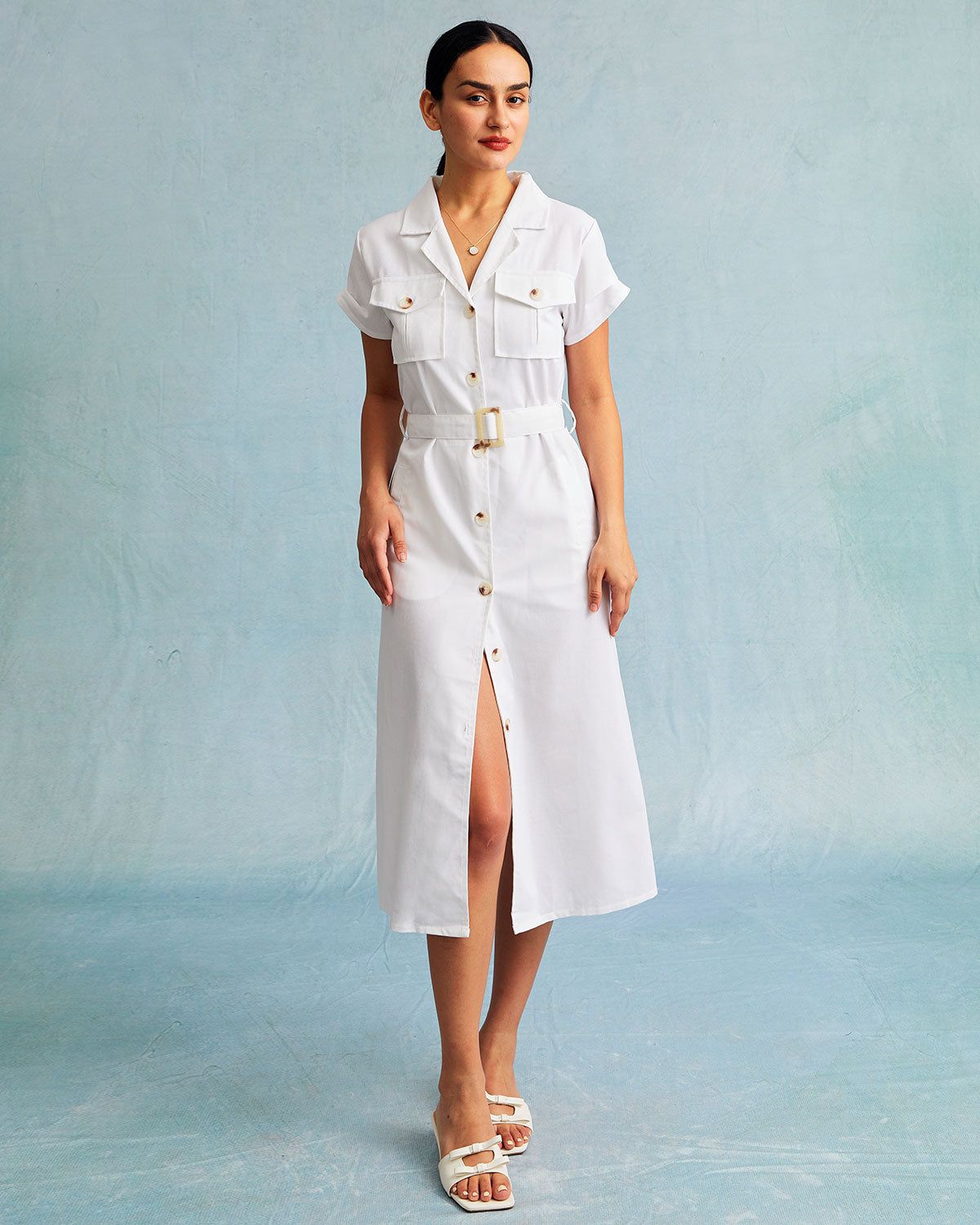 The White V Neck Button Belted Shirt Midi Dress sold by rihoas