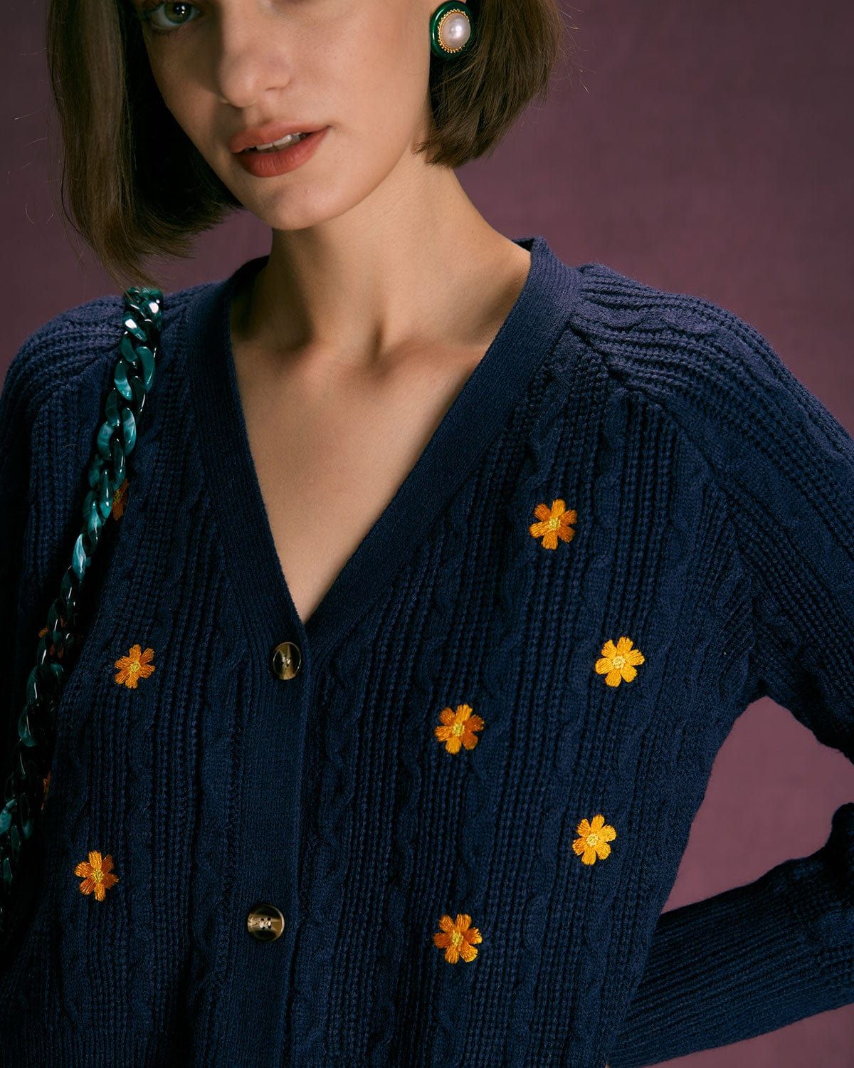The Navy V Neck Floral Embroidery Cardigan sold by rihoas product image thumbnail 2