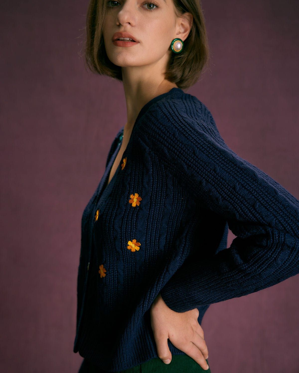 The Navy V Neck Floral Embroidery Cardigan sold by rihoas product image thumbnail 5