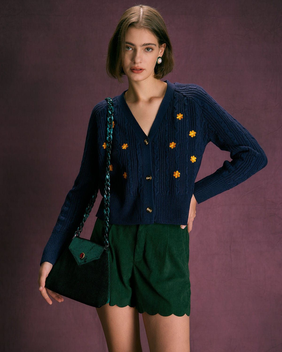 The Navy V Neck Floral Embroidery Cardigan sold by rihoas product image thumbnail 4